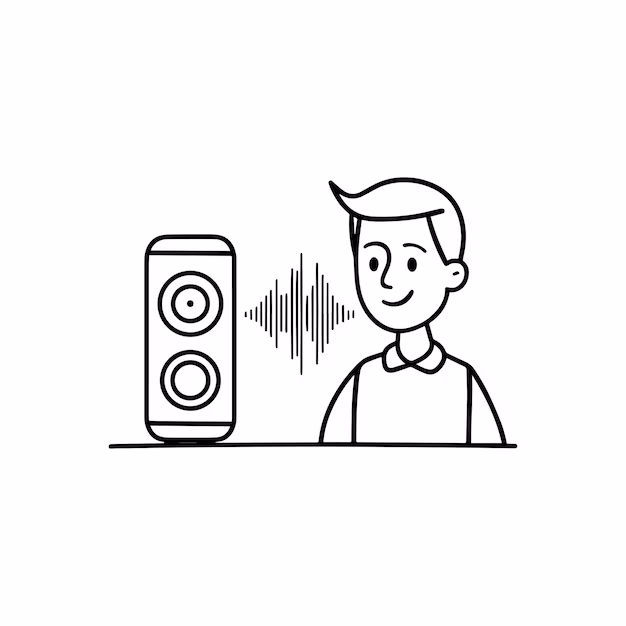 person talking to smart speaker - Modern smart speaker with sound waves and a person talking to it ...