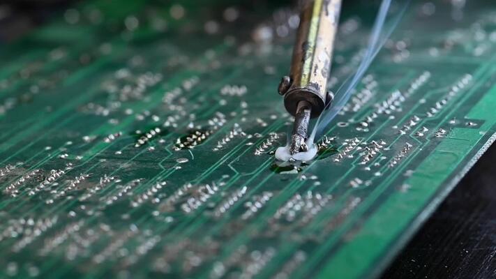 soldering iron circuit board close-up - Soldering circuit board on the table, close up. soldering iron and ...