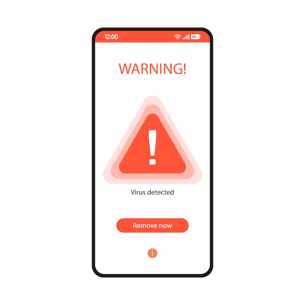 mobile app security warning on phone screen - Antivirus app smartphone interface vector template. mobile ...
