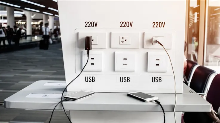 Person charging iPhone at public USB port - Don't plug your phone into a free charging station, warns FBI