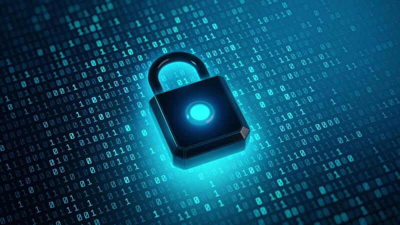 Digital padlock binary code - A futuristic glowing padlock sits atop a matrix of binary code ...