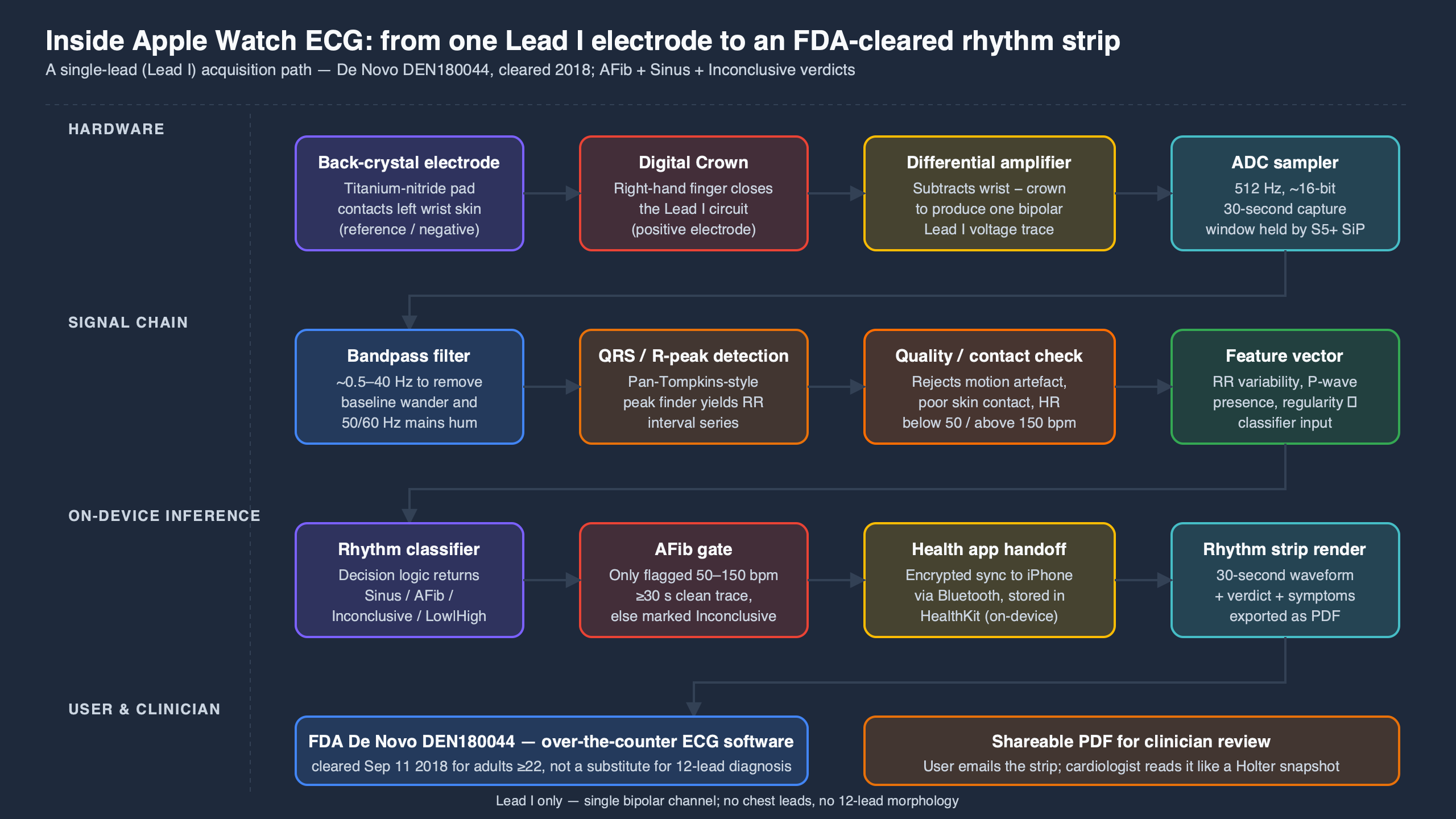 Topic diagram for Inside Apple Watch ECG: how a single Lead I electrode becomes an FDA-cleared rhythm strip